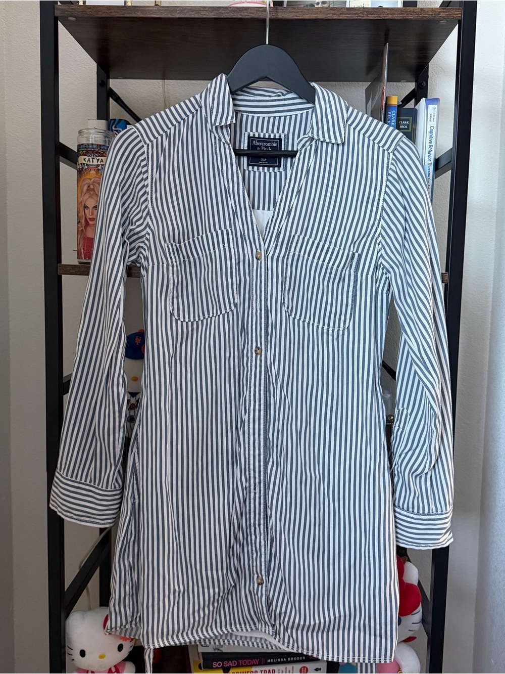 Abercrombie & Fitch Navy and White Striped Button Front Shirt